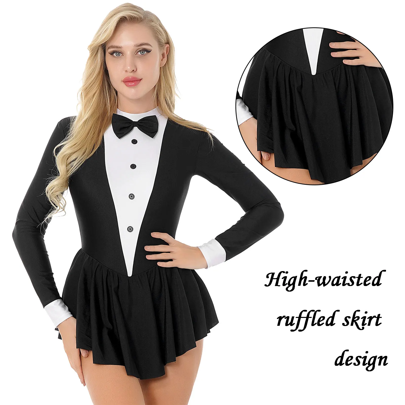 Women Long Sleeve Ballroom Latin Dance Dress Bowknot Ruffle Tuxedo Leotard Dresses Waitress Cosplay Costume Dancewear Clubwear