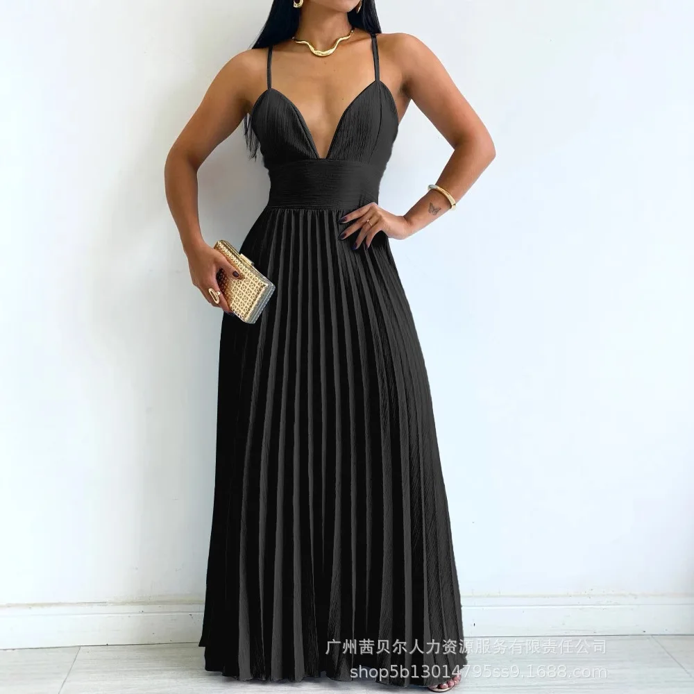 Leibchen Plissee Kleider Frauen Pullover Solide Bodenlangen Kleid V-ausschnitt Lose Fit 2025, Hohe Taille Y2k Streetwear Sommer Casual