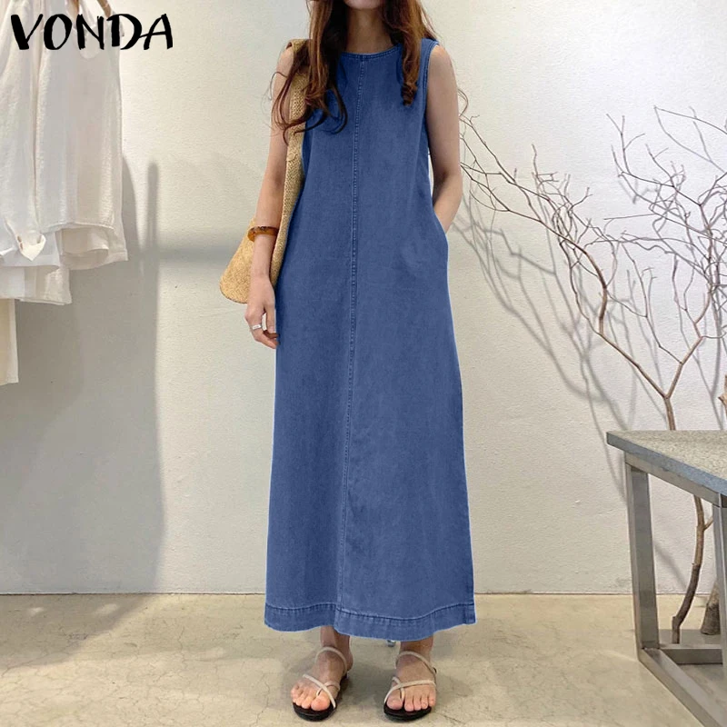 Sommer Vestidos VONDA 2025, Frauen Maxi Denim Kleid Solide Sommerkleid Plissee Vestido Lose Ärmel A-Line Casual Robe Übergroßen