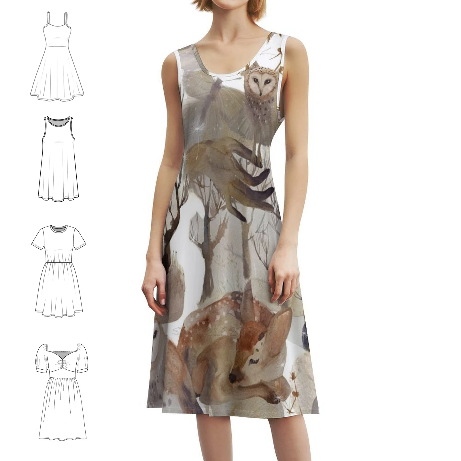 

Платье в корейском стиле с узором «Лесные мечты» для женщин. Элегантное повседневное платье для вечеринки или повседневной носки. Лесная сова. Олень. Серое сна.
