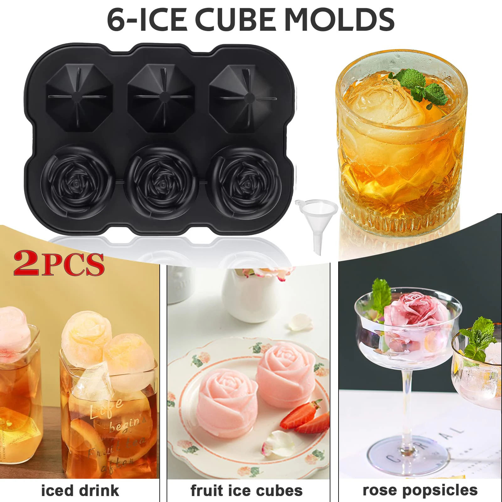 3D Ice Cube Tray Rose Ice Cube Trays With Covers 6 Grids Silicone Ice Tray Mould Diamond Ice Mold for Cocktails Whiskey Drink