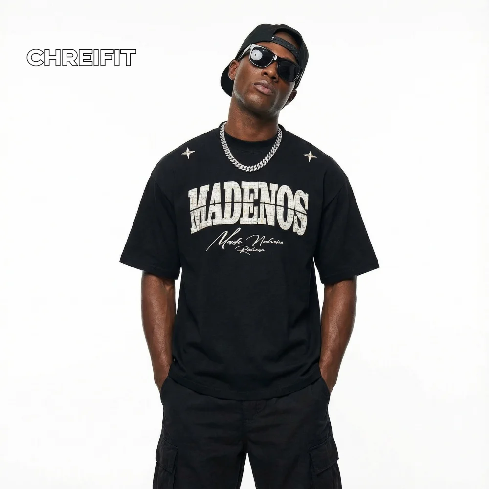 

CHREIFIT Men's Black Embroidered T-Shirt 2026 New Streetwear Fashion Oversized Tee with Bold Letter Logo for Hip Hop Style