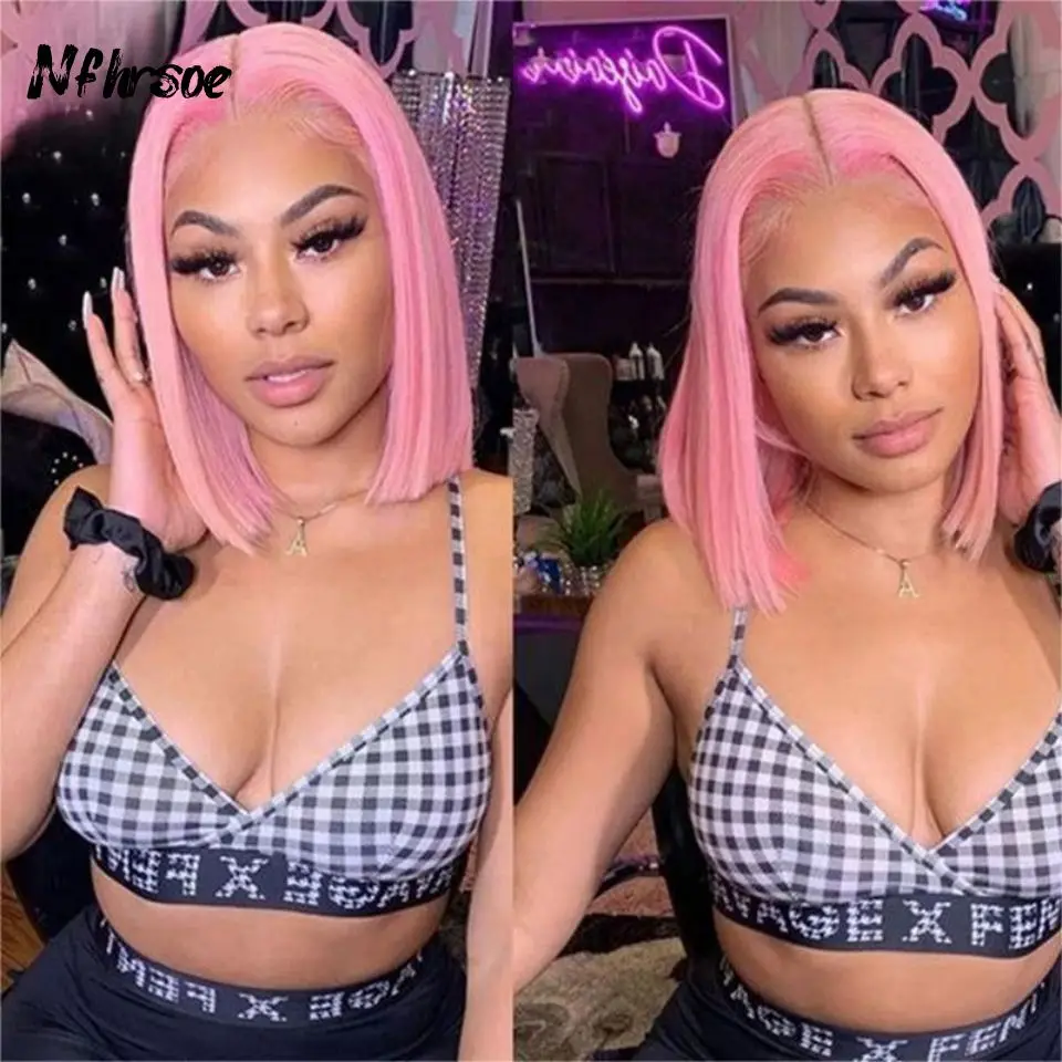 

Парик из натуральных бразильских волос, 200 плотности, 13x4, розовый, прямой, короткий боб, с прозрачной HD кружевной передней частью, для косплея, предварительно прорезанный