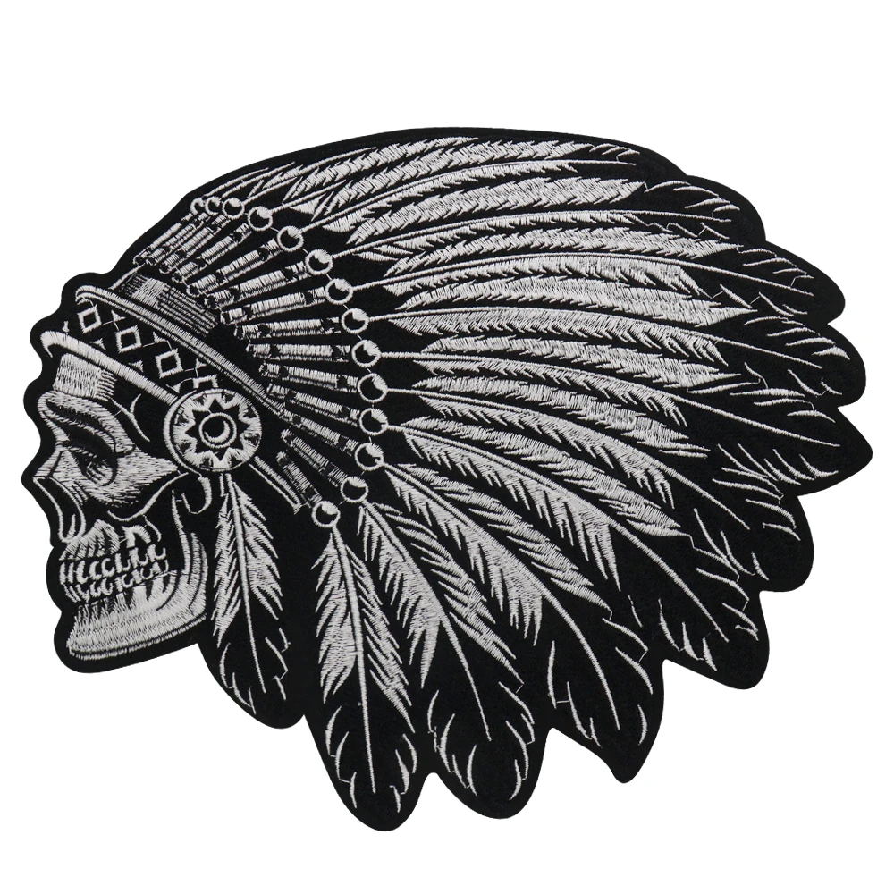 Feathered Indian Head Death Skull Embroidered Iron on Patch Embroidery Native Ethnic Retro Skeleton Applique Badge Accessories