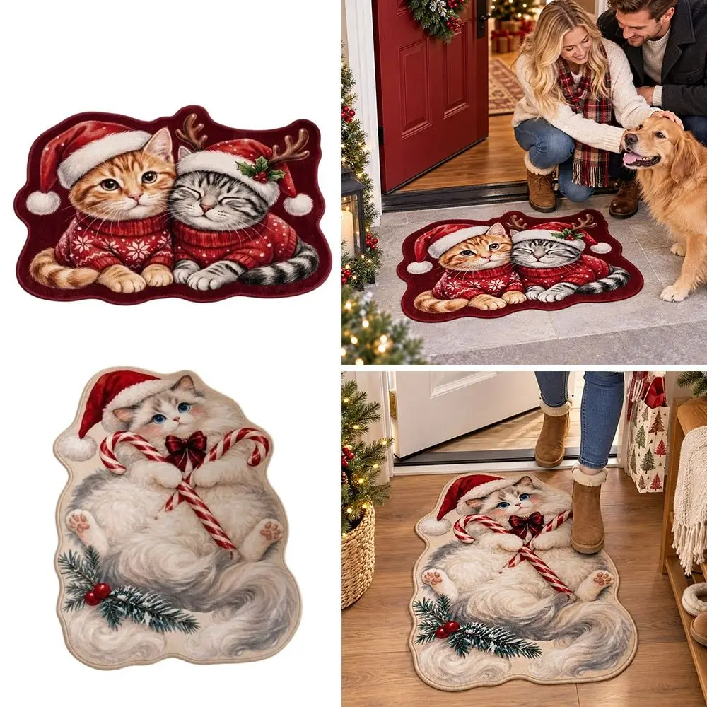 Cartoon Soft Faux Cashmere Christmas Doormat Cat Dog Decor Irregular Shape Entryway Rug Non Slip Door Mat Holiday Home Decor