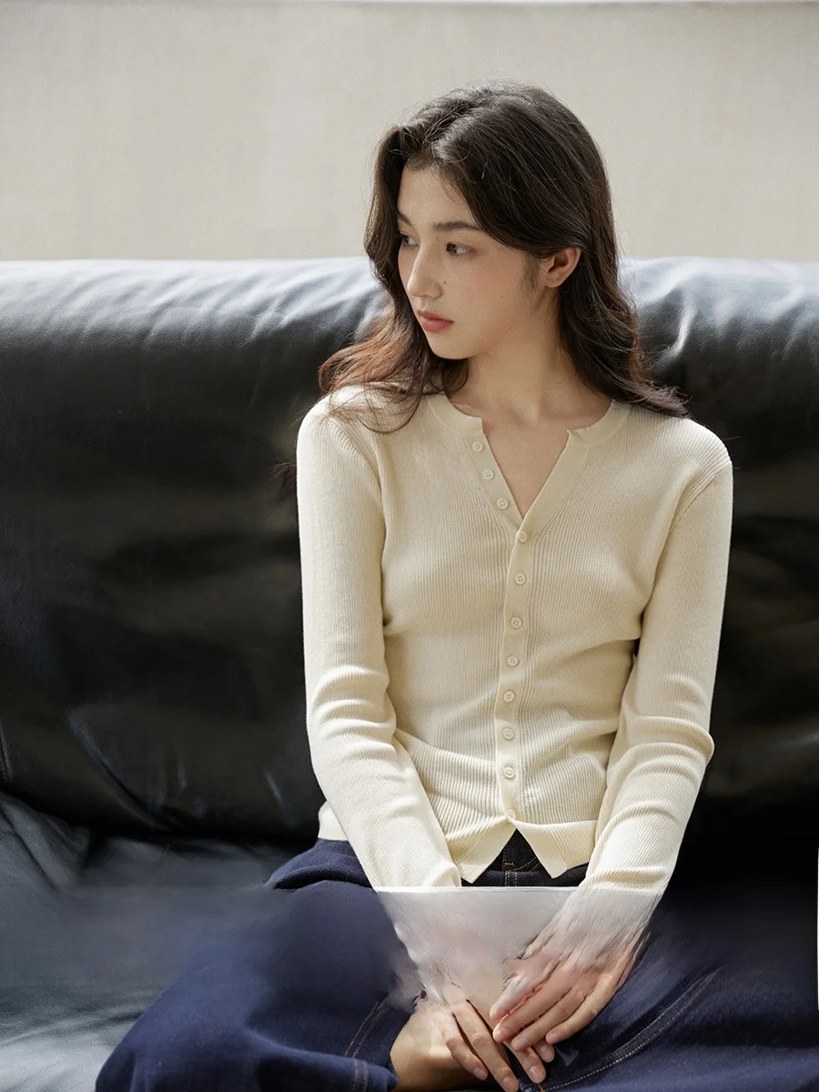 

Ginnkee Spring Lightweight V-Ne Knitted Open Cardigan Women's 85-Strand Ultra-Fine Heaven Silk Single Wear Thin Top Coat