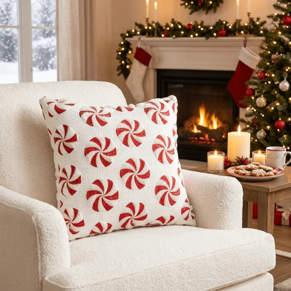 Holiday Christmas Pillow Cover Durable Soft Comfortable Throw Pillow Cover Candy Cane Bow Design 18X18 Inches Pillowcase Winter