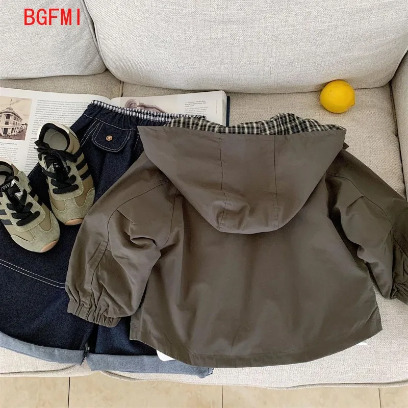 2-11Y Children's Plaid Jacket Spring and Autumn 2026 New Baby Casual Hooded Double-sided Top Children's Clothing Boys Handsome