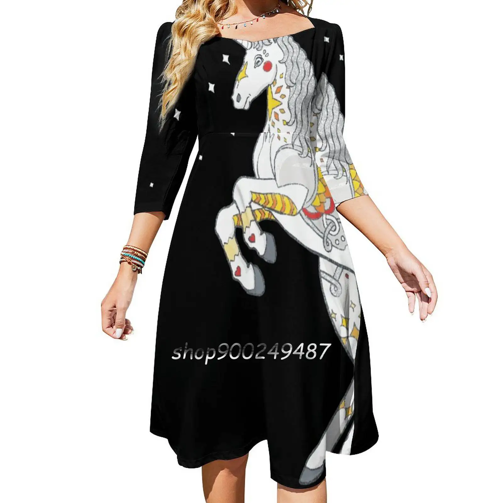 Mandala Unicorn Dresses For Women A-Line Korea Style Slim Long Sleeve Dress Unicorn Horn Horse Glitter Glittery Sparkle Sparkly