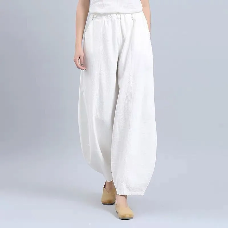 Women Vintage Linen Pants Long Palazzo 2024 Celmia Casual Loose Wide Leg Pants Elastic Waist Trousers Pantalon roupas femininas