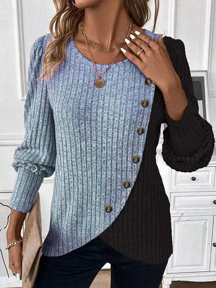 Autumn Long Sleeve Buttons Pit Striped Women Sweaters Contrast Color Long Sleeve O-Neck Pullovers Loose Simple Knitted Clothing