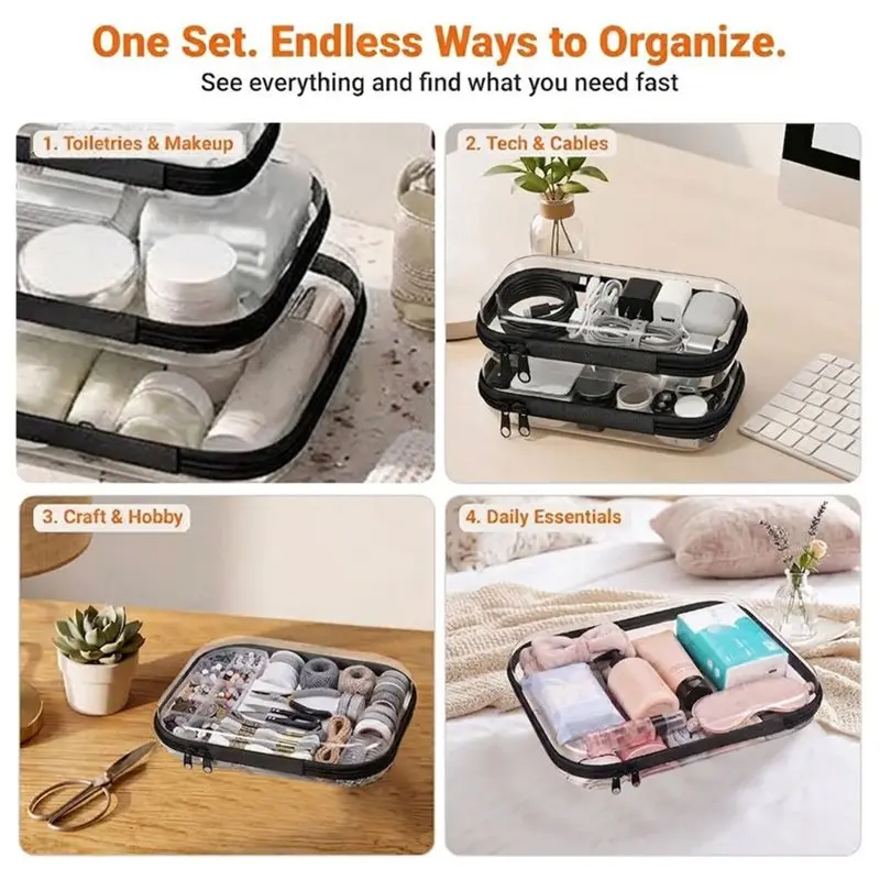 A02F-Dual Zipper Pull Travel Organizer Bag 4-Piece Clear Hard Shell Zipper Case Set(1 Medium 3 Small)