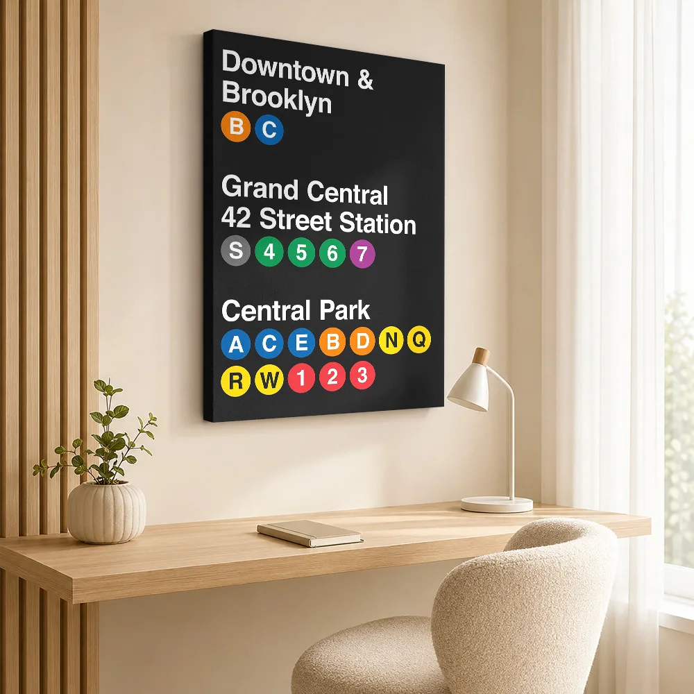 New York Subway Lines Gallery Wrapped Canvas Print Customized Photo, Color Coded Transit Typography Wall Art For Living Room
