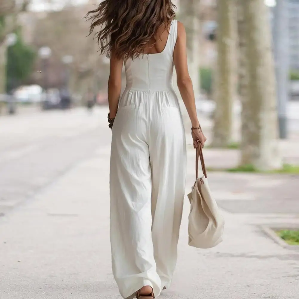 Women Sleeveless Jumpsuits Summer V Neck Button Down Loose Wide Leg Overalls Multiple Pockets Casual Rompers Beach Street Style