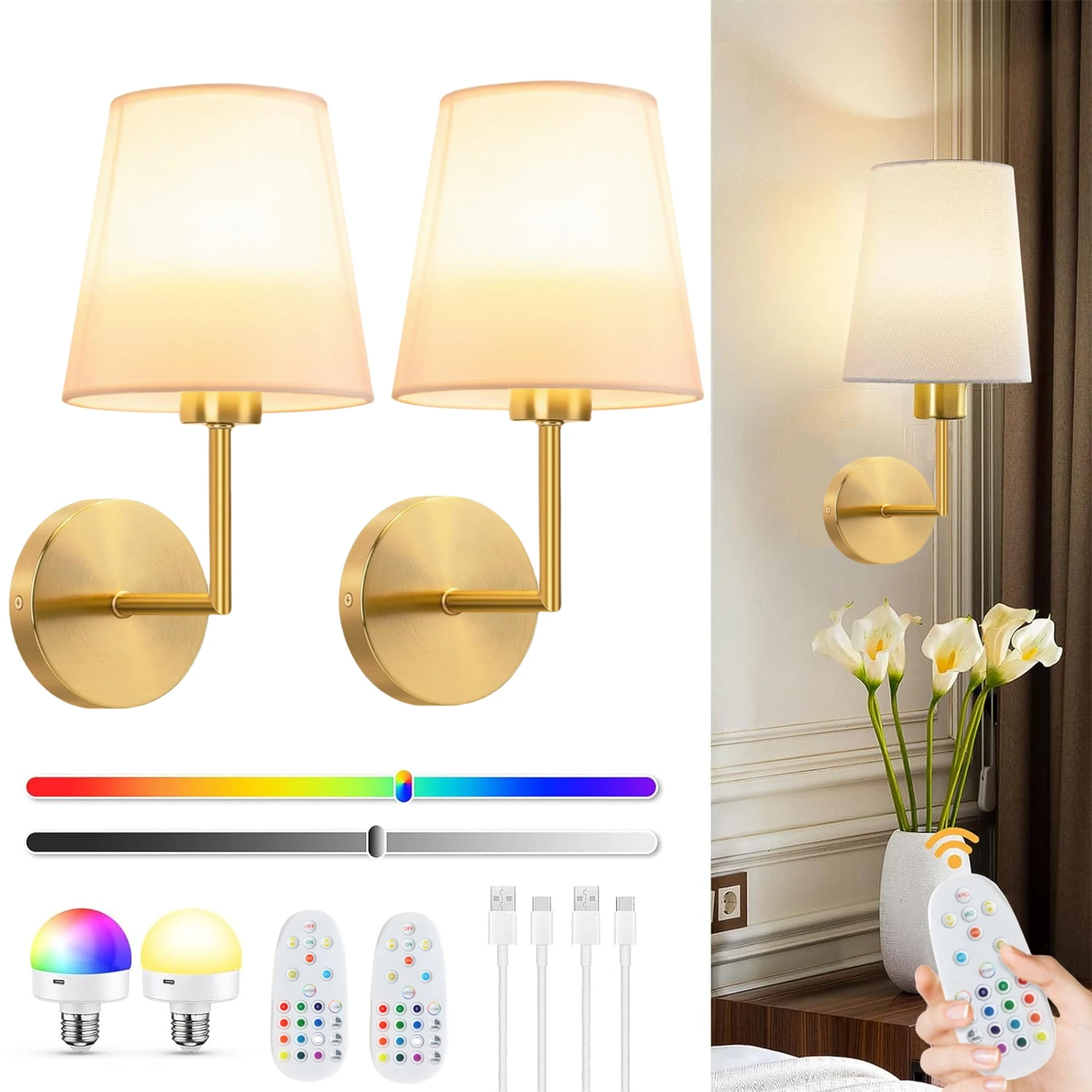 Wireless Rechargeable Battery-Powered Wall Light with Dimmable, Detachable Bulb and Remote Control, 15 Colors, Suitable for Bedroom, Living Room, Hallway Decoration