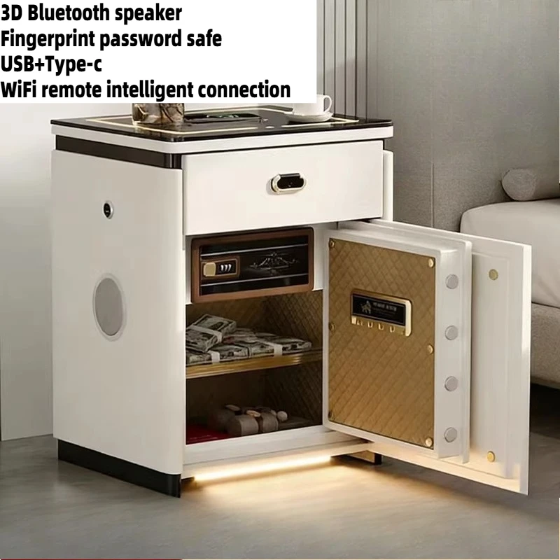 Safe Bedside Table With Tri Color Lamp Wireless Charging Password Fingerprint Nightstands Storage Locker Bedroom Furniture