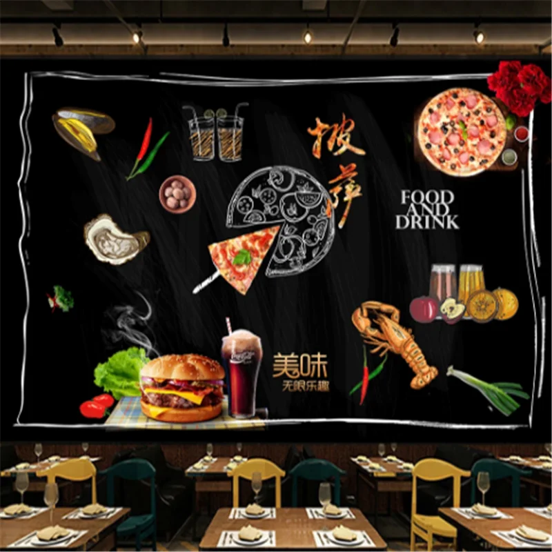 Custom Snack Bar Wall Mural Wallpaper 3D Hamburger Pizza Burgers Western Fast Food Restaurant black Background Wall Paper 3D