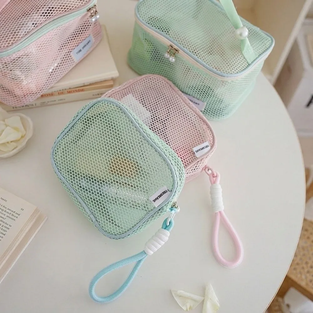 See Through Mesh Cosmetic Bag Portable Large Capacity Makeup Organizer Pouch Hanging Rope With Pearl Zipper Pencil Case Travel