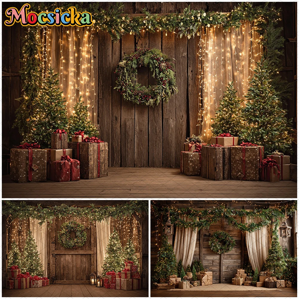 

Mocsicka Christmas Photography Background Family Holiday New Year Party Tree Wood Door Wall Decoration Kid Photo Backdrop Banner