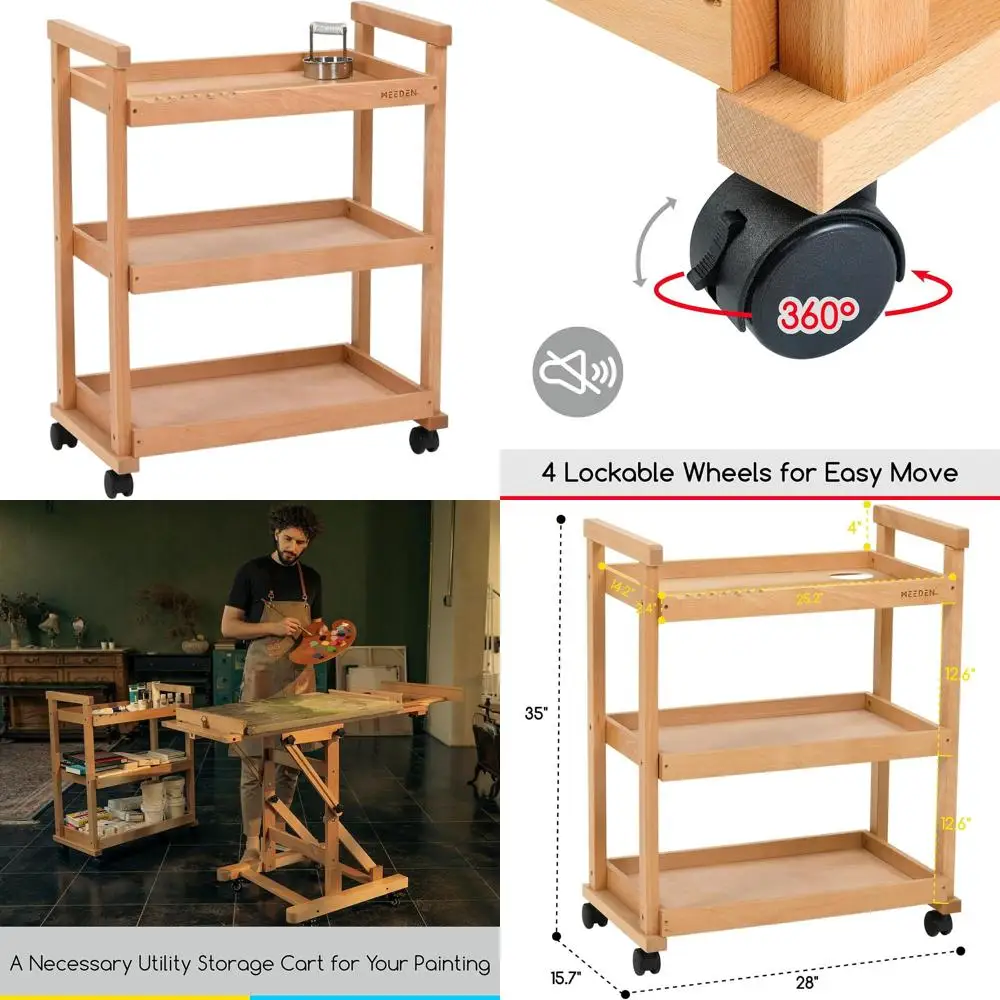 3-poziomowy wózek na kółkach z drewna bukowego do przechowywania materiałów plastycznych, uniwersalny wózek studyjny na artykuły szkolne
