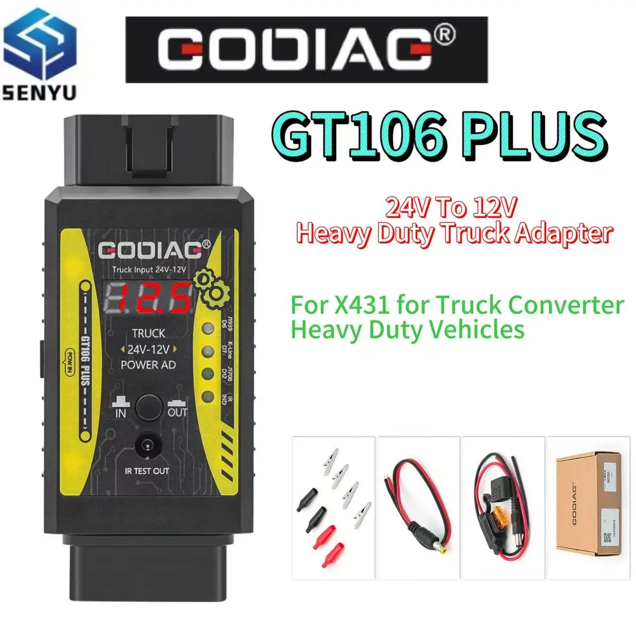 

Адаптер-преобразователь GODIAG GT106 PLUS 24В в 12В для тяжелых грузовиков, совместимый с X431 Easydiag/ThinkCar2/Thinkdiag/GOLO Carcare/DBScar II