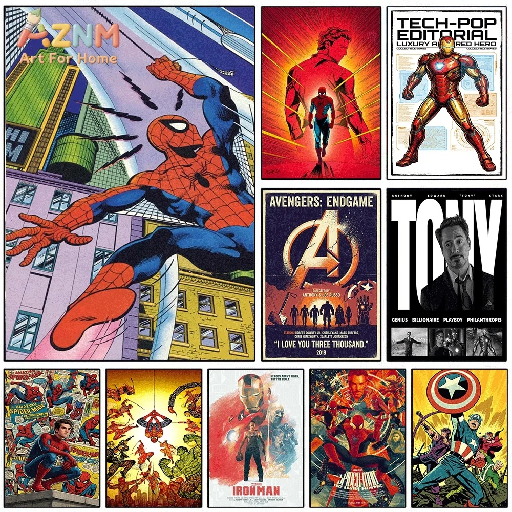 AZNM Spiderman Swing Through City Building Canvas Wall Print, Superhero Classic Retro Comic Book Urban Scene Pop Graphic Art P