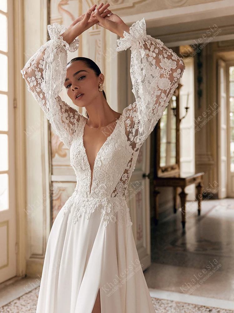 Glamoureuze Trouwjurken Vintage Bruidsjurken Kant Applicaties Volledige Mouwen Een Lijn Diepe V-hals Vestidos De Novia Aangepaste 2025