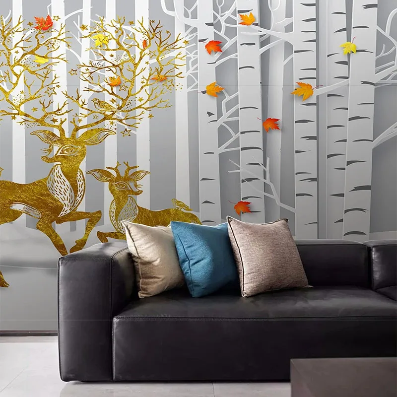 Custom 3D Simple Forest Scenery Golden Elk Background Wallpaper Decorative Painting For Bedroom Walls Papel De Parede Home Décor