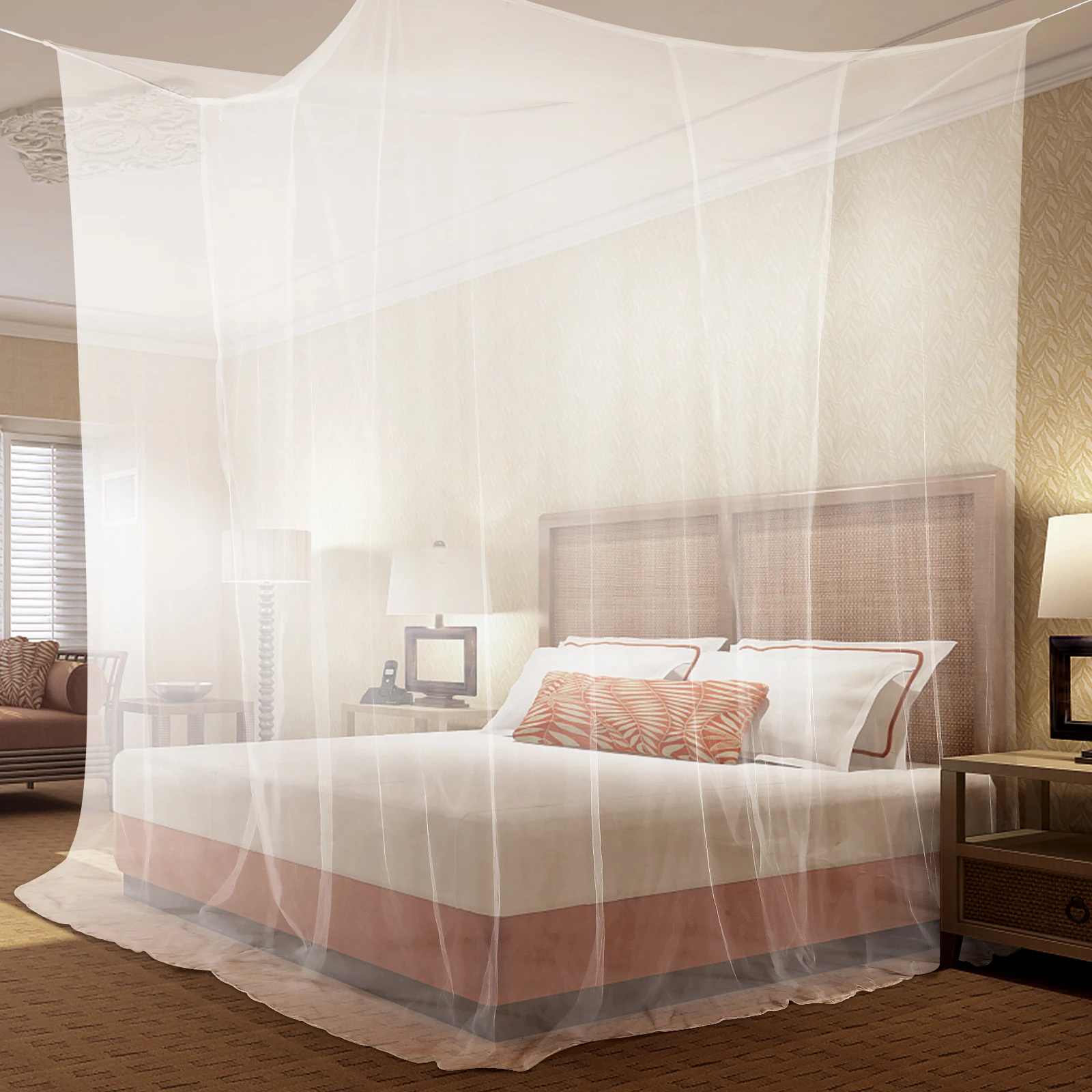 Bed Canopy Curtains 4 Doors Square Polyester Bed Net Bedroom Decoration Easy Installation for Queen/King Size with Storage Bag