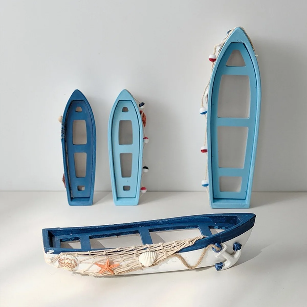 Mediterranean Wood Boat Decor 2pc Sets Coastal Desk Ornament Light Blue Navy Small Medium Nautical