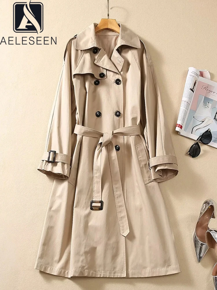 

AELESEEN Autumn Winter Women Khaki Trench Double-breastes Loose Windbreak Elegant Belt Midi-Lenght Coat