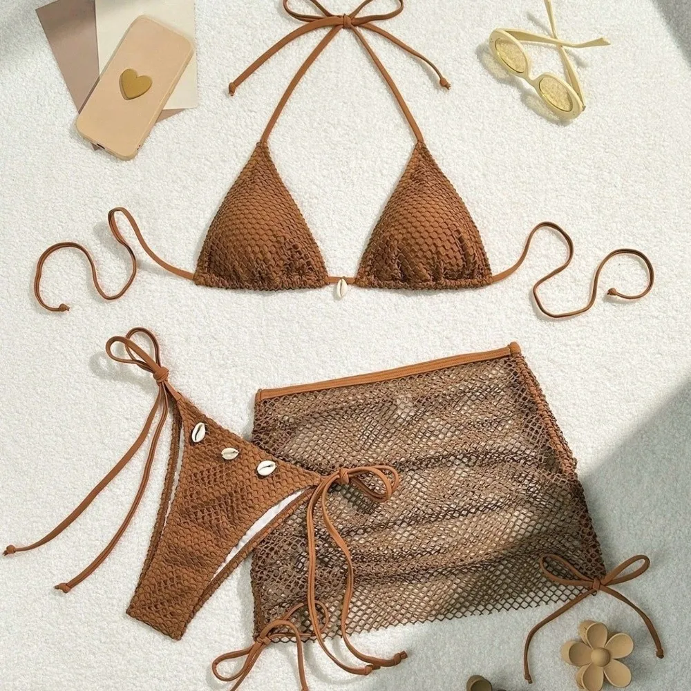 

Mesh 3 in 1 Swimwear Set Lace Up Deep-V Bikini Bathing Suit Slim Fit Beachwear Clothing Sleeveless Swimsuit Swimming Pool