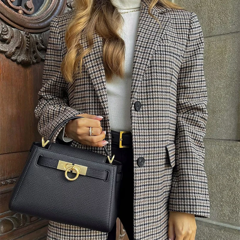 Damesmode Blazer 2025, Dames Herfst Houndstooth Revers Blazer Herfst Winter Commuter Werkkleding Dames Blazers Trafizaran
