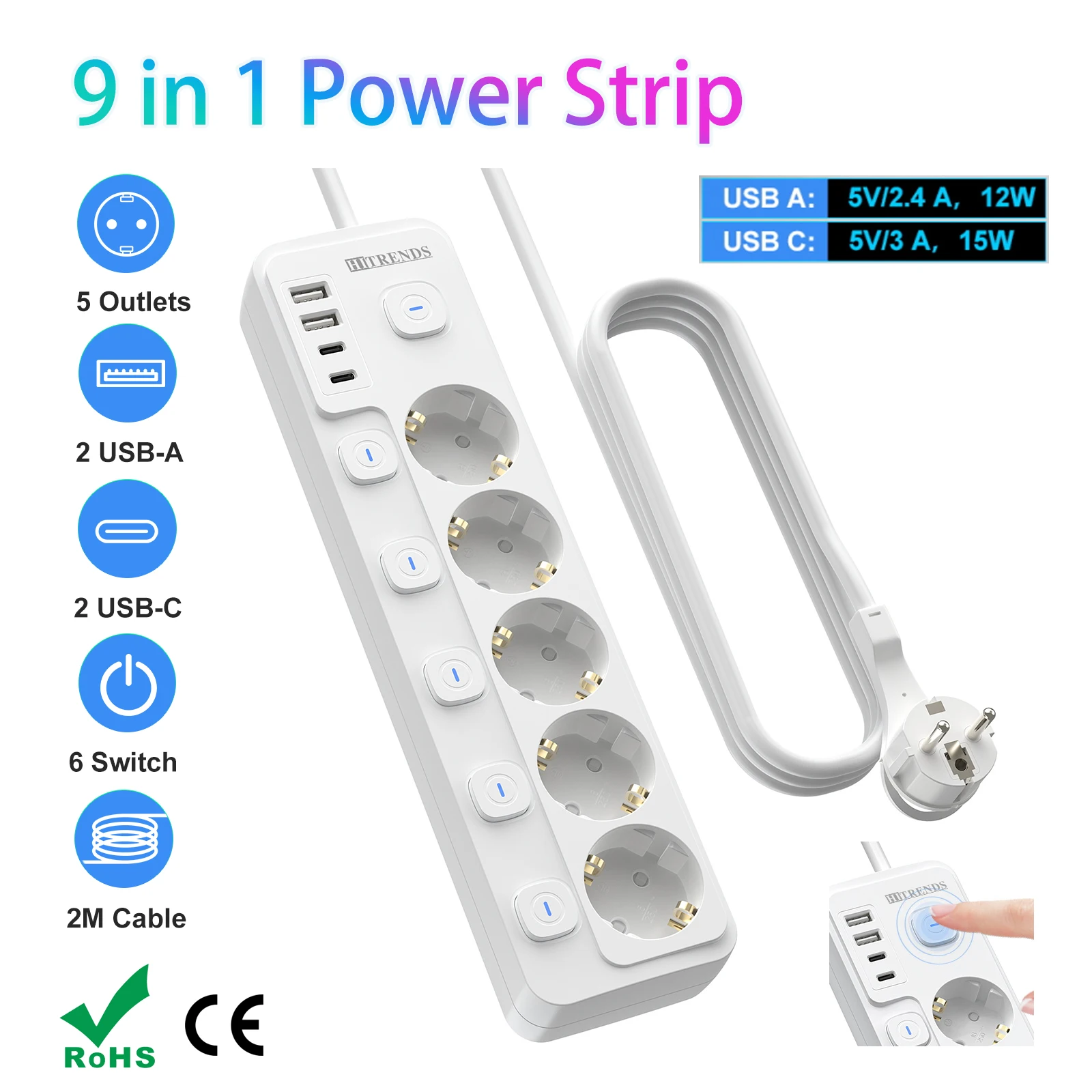 HITRENDS 5AC EU plug power strip Surge protection with 6 Individual Switch and 4 USB port Phone Charger, 2m extension cable