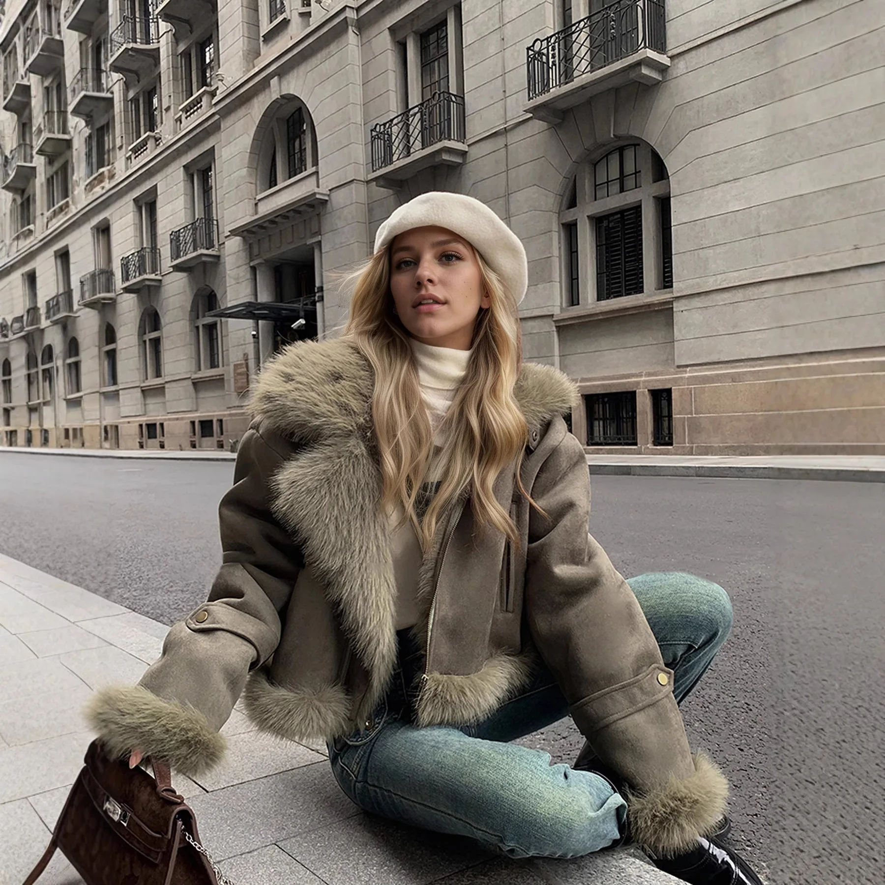 Jaqueta Feminina de Couro Camurça Forrada com Pelo, Estilo Motociclista, Quente, Corta-Vento e Resistente à Água, Casaco Casual de Inverno, Popular no Comércio Transfronteiriço