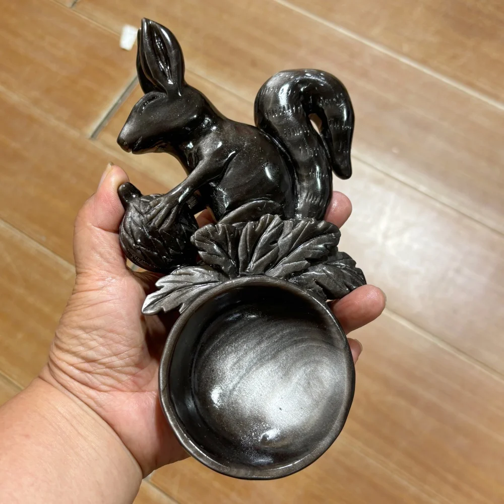 Natural Silver Sheen Obsidian Squirrel Bowl Hand‑Carved Crystal Squirrel Statue Gemstone Storage Dish Home Decor Healing Craft