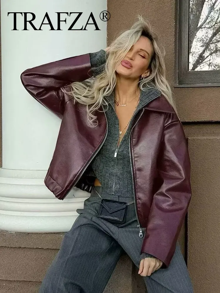 TRAFZA Wine Red Faux Leather Jakcet Fashion Outerwear Thicken Zipper Lapel Pu Coats Autumn Winter Streetwear Ladies Tops Women