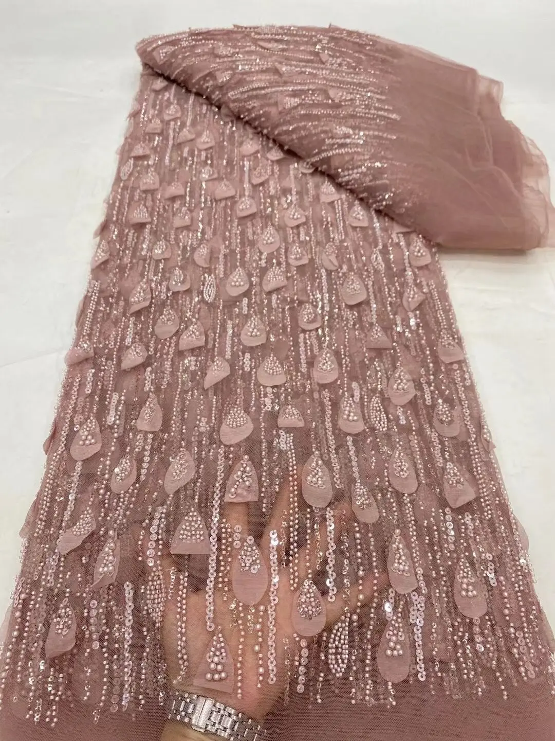 Nigerian Sequins Embroidery Tulle Lace Fabric, Sewing Net Cloth, Beads Stone Prom Dresses, High Quality, 5Yards, 2024 DP0189