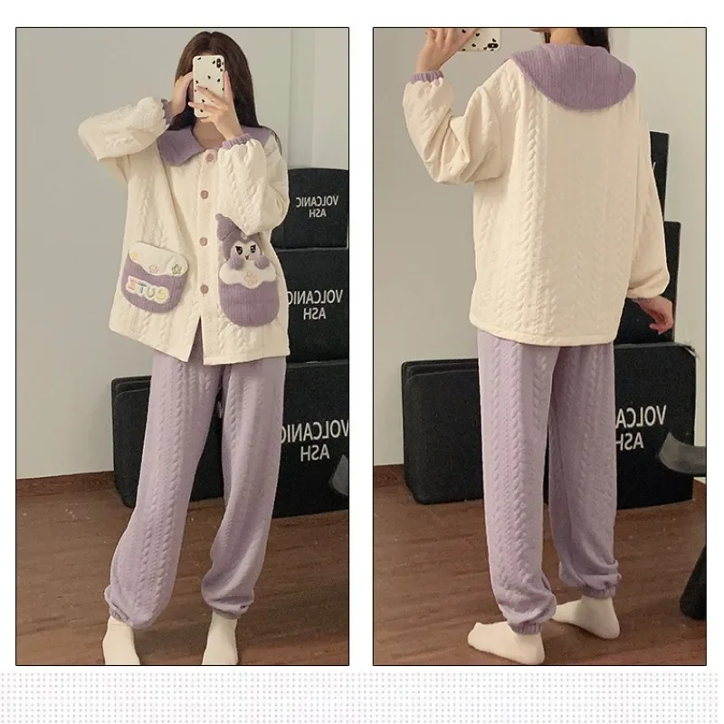 Autumn Winter Pajamas Womens Air Cotton Thicken Home Clothes Sweet Doll Collar Cardigan Loungewear Long-Sleeved Trousers Outwear