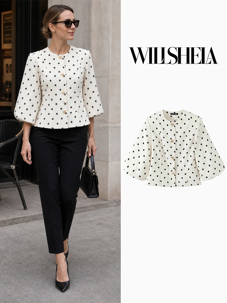 

Willshela Women Fashion Dot Printed Single Breasted Blazer Vintage O-Neck Long Sleeves Female Chic Lady Coats Outfits