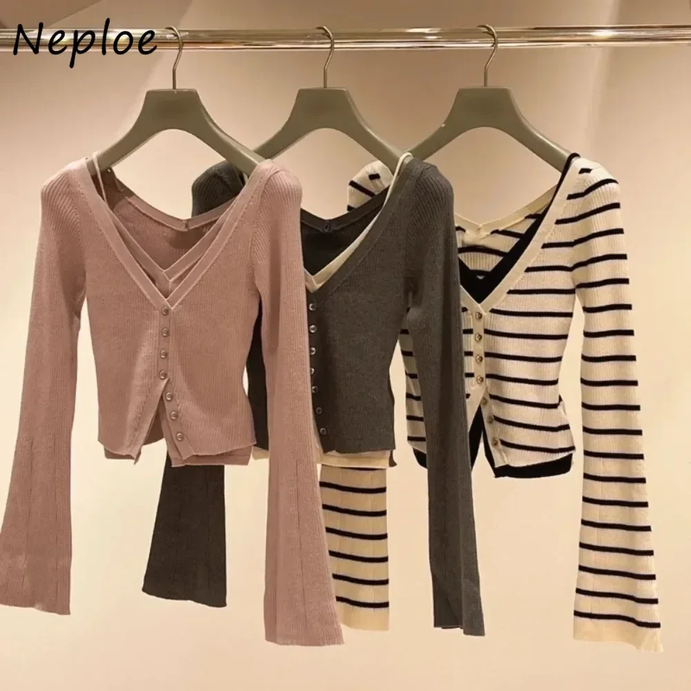 Neploe New V Neck Flare Sleeve Fake Two Pieces Jumper Sling Vent Single Breasted Stripe Cardigan Japan All-match Elegant Tops