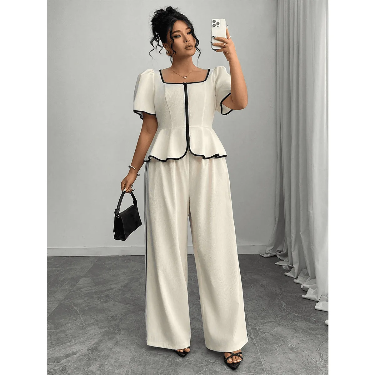Plus-size French-style Square-neck Two-piece Set With Contrasting Edges, Featuring A Waist-cinching Ruffled Top And Wide-leg