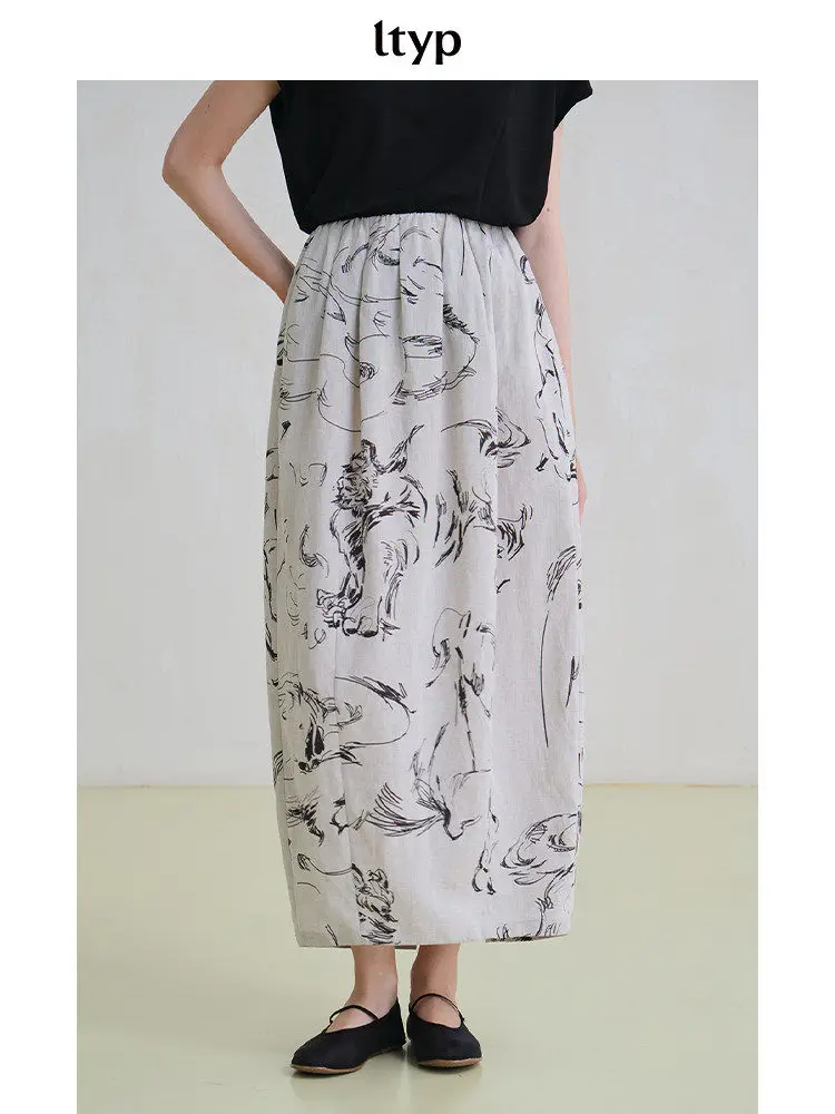

Travel Original Silk Linen Art Ink Blossom Print Half Skirt Women's Summer Fashion mid Waist H-Shape Straight Cut Skirt