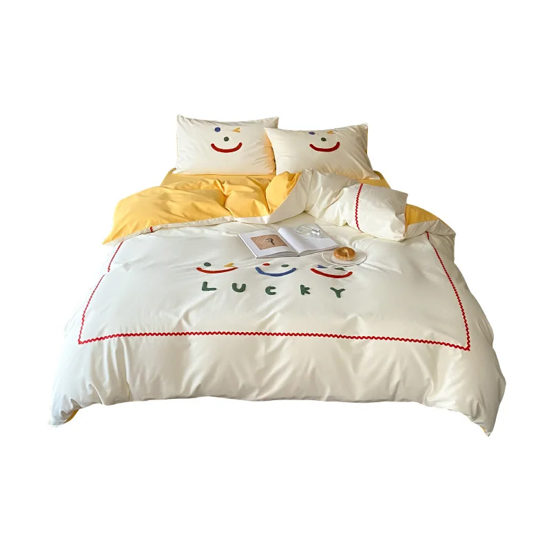 Small Fresh Pure Cotton Thickened Brushed Four Piece Set Smiling Face Towel Embroidered All Cotton Warm Quilt Cover Bedding