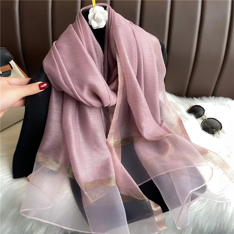 Golden Sequins Imitation Silk Scarf Women Summer Breeze Lightweight Sheer Wrap and Shawls Bandana Beach Scarf