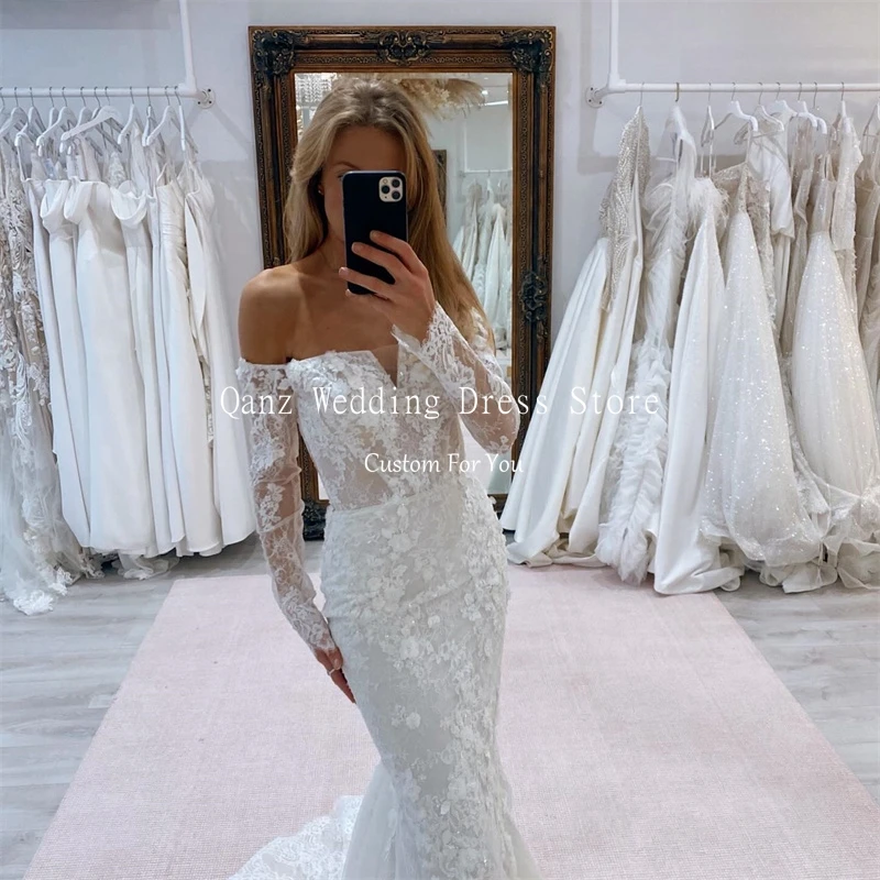 Qanz Pretty Mermaid Wedding Dresses Lace Appliques Boat Neck Vestidos De Boda Para Fiestas Elegant Sweep Train Robe De Mariée