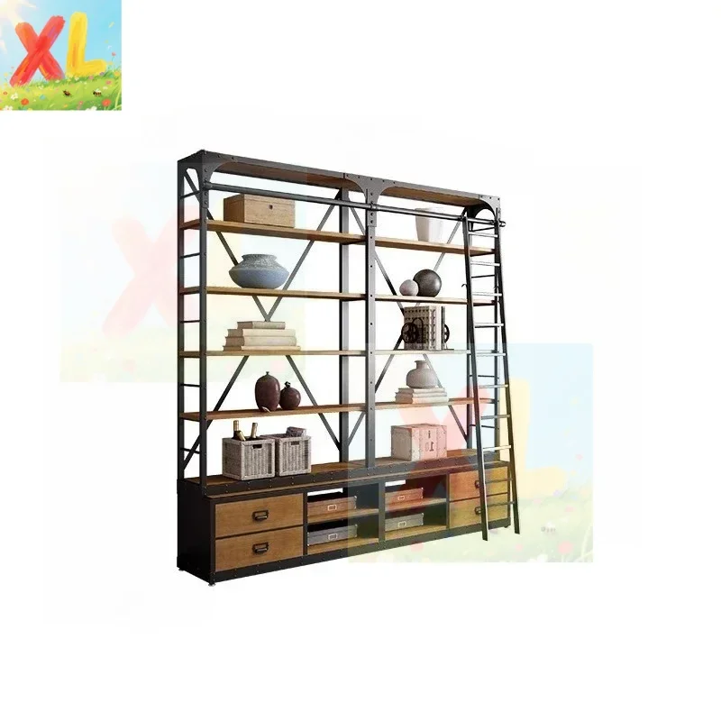 

Loft American industrial style furniture wrought iron bookshelf shelf floor-to-ceiling solid wood storage living room full wall