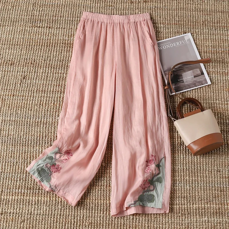 Chinese Style Vintage Embroidery Casual Trousers Women Summer Pants Literature Art National Style Retro Embroidery Bottoms