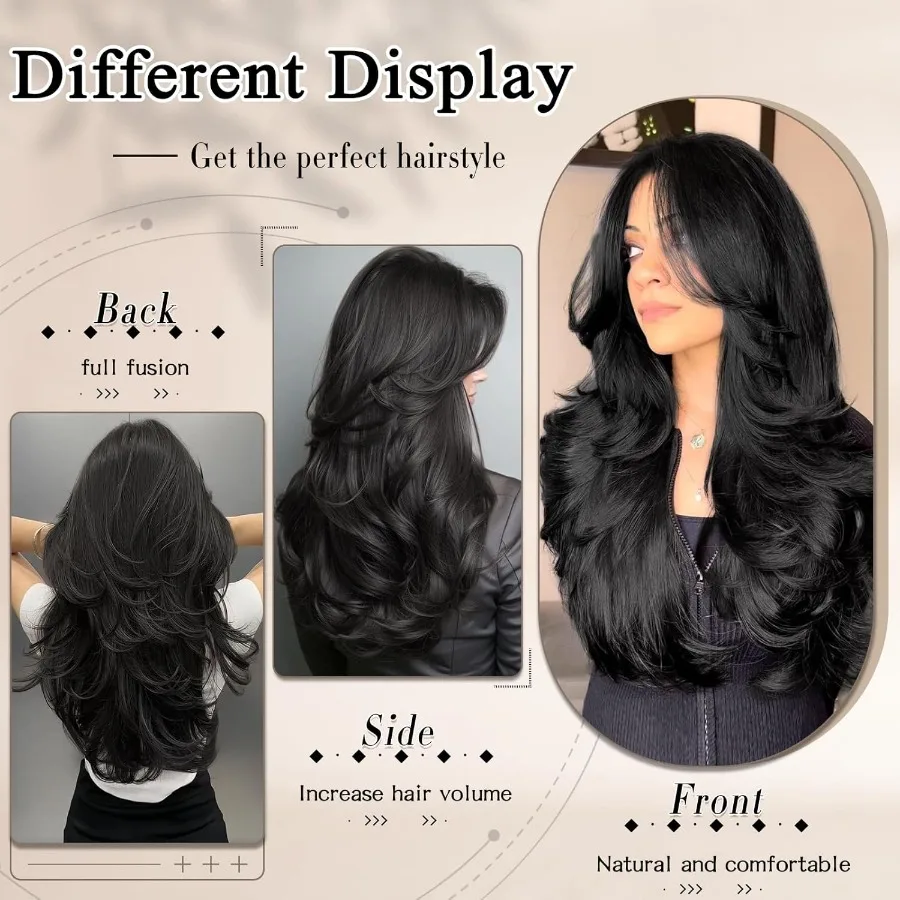وصلات شعر بمشبك أسود طويل الطبقات بطول 20 بوصة للنساء وصلات شعر صناعية مقاومة للحرارة مثالية للاستخدام اليومي في حواء الطلق