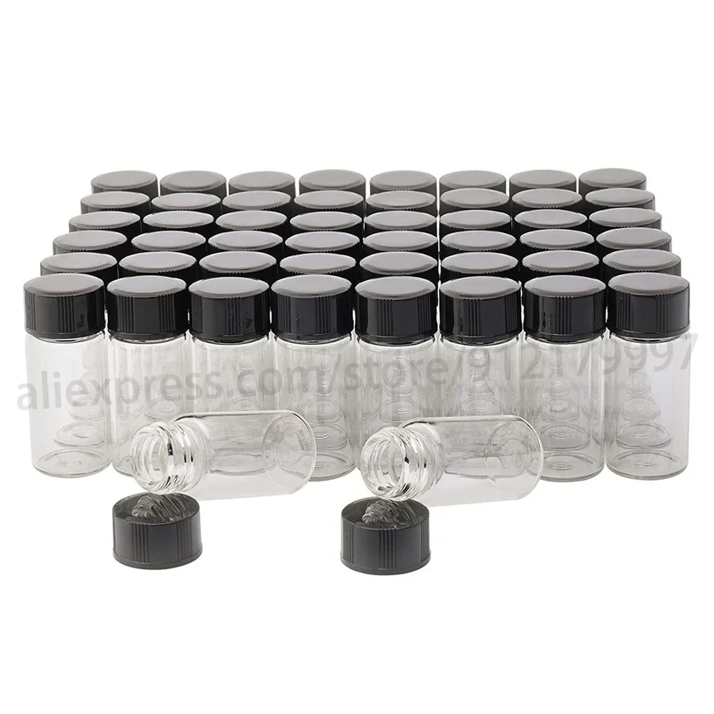 100pcs Clear Glass Sample Vial, Liquid Sampling Sample Glass Bottle, Sample Vial Thread Black Closed Top Screw Cap,PE Liner